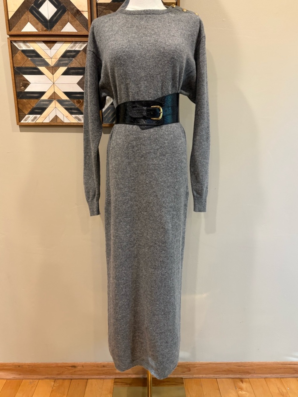 Vintage Ralph Lauren 90s Lambswool Heather Grey Long Sleeve Maxi Sweater Dress M